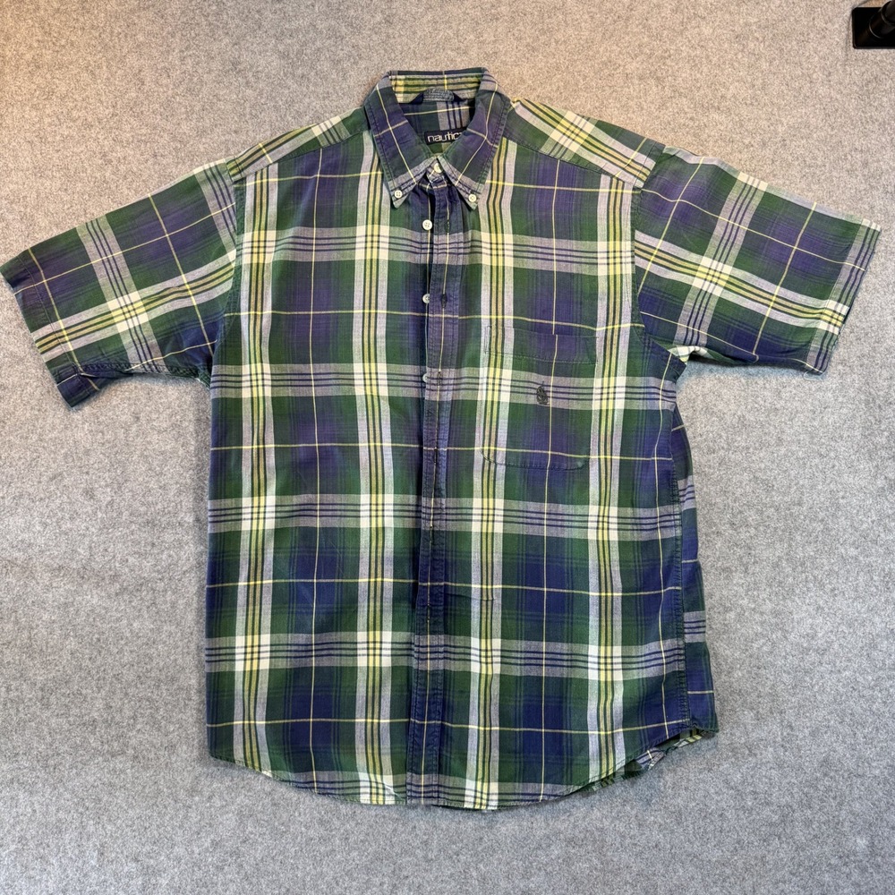 Nautica Plaid Button Down Shirt Large Green Navy 100% Cotton